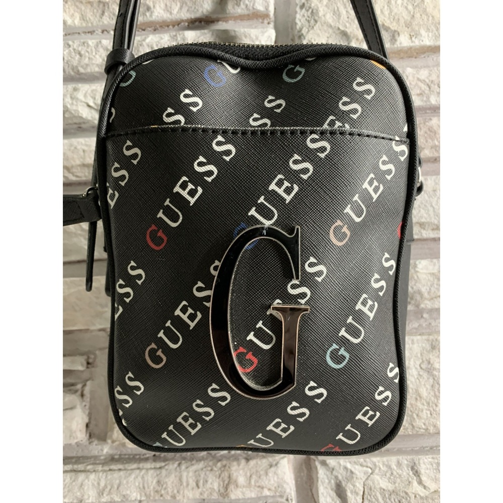 Guess Black Logo Print Crossbody Bag Silver G Hardware Messenger Camera Bag